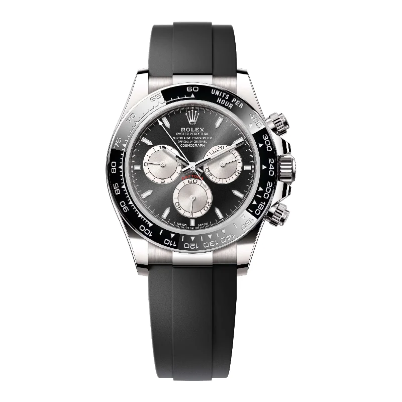 Rolex Cosmograph Daytona 40mm - Ref: 126519LN - Bright Black & Steel Index Dial & Ceramic Bezel, 18K White Gold Case Black Oysterflex Bracelet Men's Watch