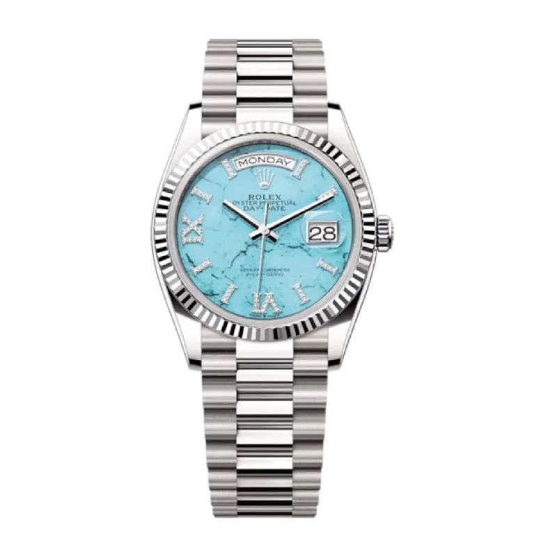 Rolex Day Date 36mm - Ref: 128239-0044 - Blue Turqouise Roman Dial & Fluted Bezel, 18K White Gold President Bracelet Watch