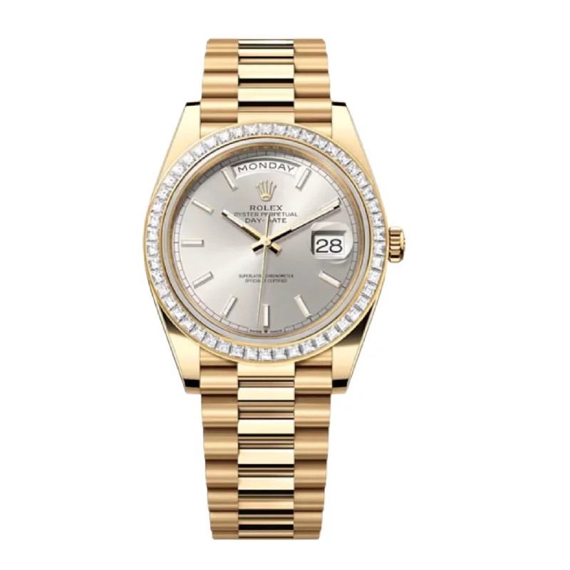 Rolex Day Date 40mm - Ref: 228398TBR - Silver Stick Dial & Diamond Bezel, 18K Yellow Gold President Bracelet Men's Watch