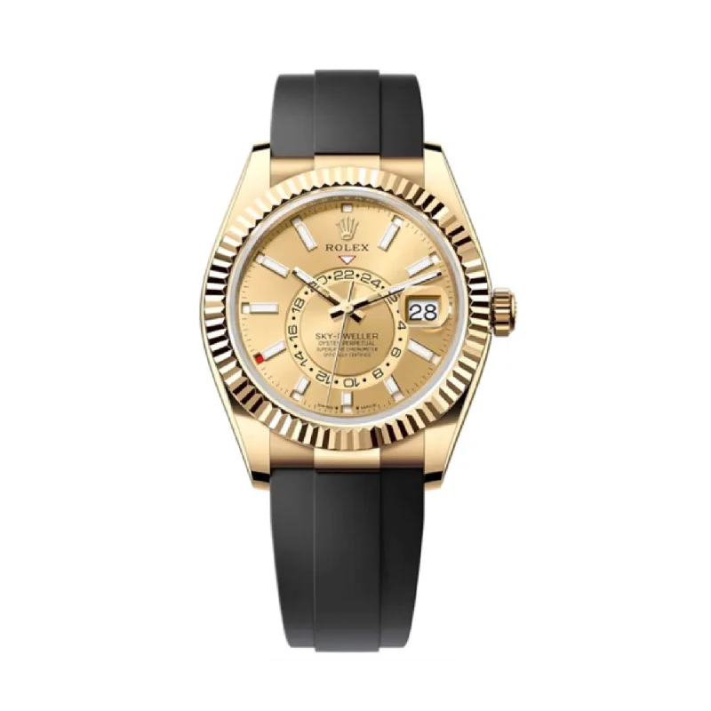 Rolex Sky-Dweller 42mm - Ref: 336238 - Champagne Stick Dial & 18K Yellow Gold Case, Black Oysterflex Bracelet Watch