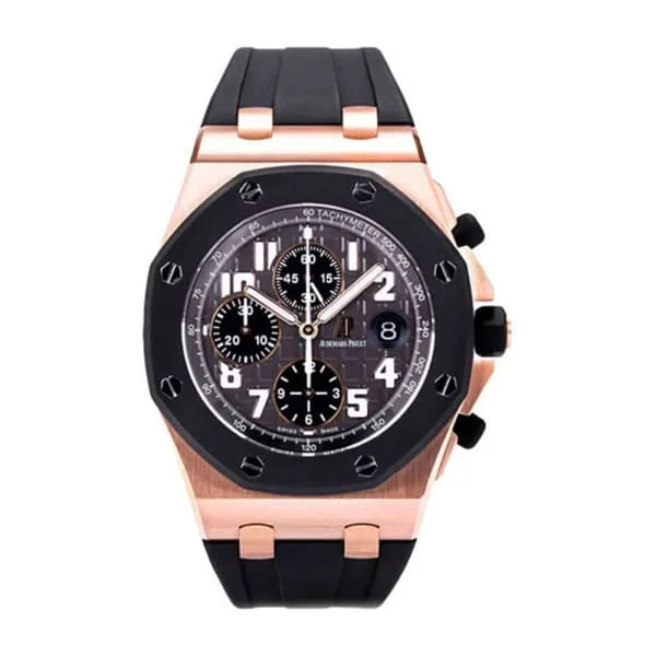 Audemars Piguet Royal Oak Offshore Chronograph 42mm Men's Watch - Ref: 26178OK.OO.D002CA.01 - Grey Dial in 18K Rose Gold Case, Black Rubber Strap