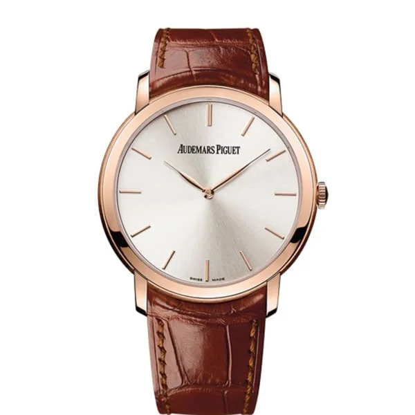 Audemars Piguet Jules Audemars Extra-Thin 41mm Men's Watch - Ref: 15180OR.OO.A088CR.01 - Silver Dial in 18K Rose Gold Case, Brown Alligator Strap