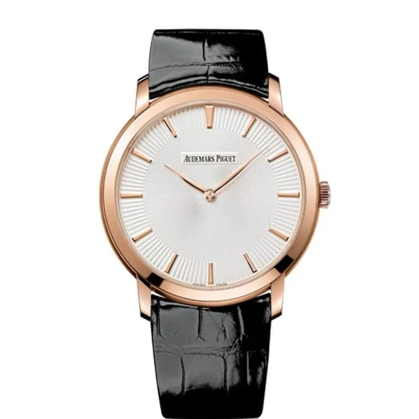 Audemars Piguet Jules Audemars Extra-Thin 41mm Men's Watch - Ref: 15180OR.OO.A102CR.01 - Silver Dial in 18K Rose Gold Case, Black Alligator Strap