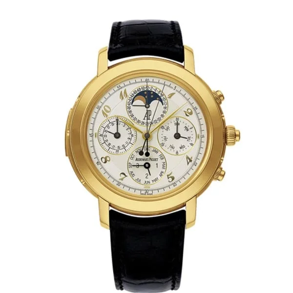 Audemars Piguet Jules Audemars Grande Complication 42mm Men's Watch - Ref: 25866BA.OO.D002CR.02 - White Chronograph Moonphase Dial in 18K Yellow Gold Case, Black Alligator Strap