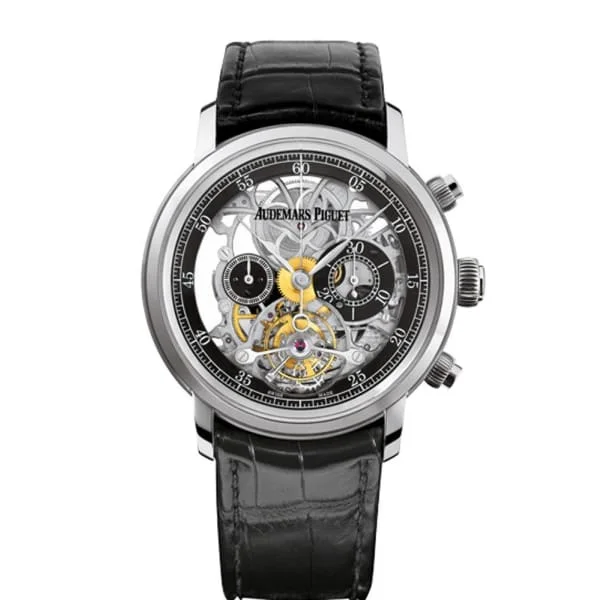 Audemars Piguet Jules Audemars Tourbillon Chronograph Openworked 41mm Men's Watch - Ref: 26346BC.OO.D002CR.01 - Transparent Sapphire Dial in 18K White Gold Case, Black Alligator Strap