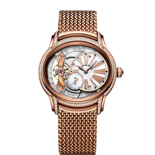 Audemars Piguet Millenary Hand-Wound 39.5mm Watch - Ref: 77247OR.ZZ.1272OR.01 - White Mother of Pearl Dial in 18K Rose Gold Diamond Case, 18K Rose Gold Bracelet