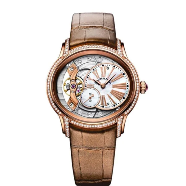 Audemars Piguet Millenary Hand-Wound 39.5mm Watch - Ref: 77247OR.ZZ.A812CR.01 - White Mother of Pearl Dial in 18K Rose Gold Diamond Case, Brown Alligator Strap