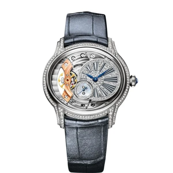 Audemars Piguet Millenary Hand-Wound 39.5mm Watch - Ref: 77248BC.ZZ.A111CR.01 - Pave Diamond Dial in 18K White Gold Diamond Case, Blue Alligator Strap