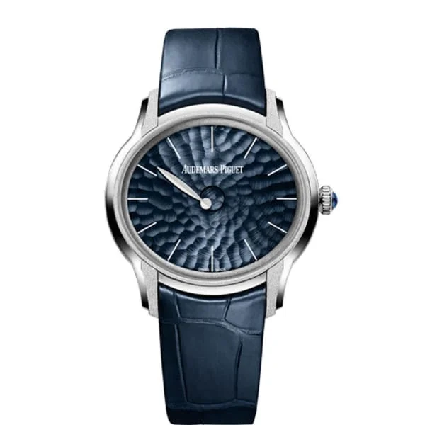 Audemars Piguet Millenary Frosted Gold Philosophique 39.5mm Watch - Ref: 77266BC.GG.A326CR.01 - Blue Dial in 18K White Gold Case, Blue Alligator Strap