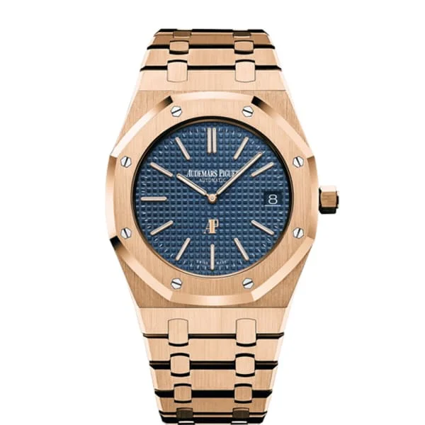 Audemars Piguet Royal Oak Jumbo Extra Thin 39mm Watch - Ref: 15202OR.OO.1240OR.01 - Blue Dial, 18K Rose Gold Bracelet