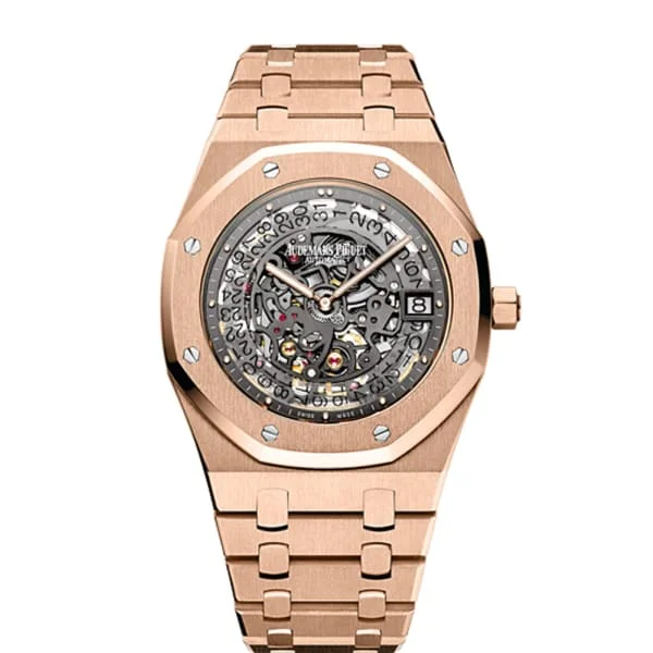 Audemars Piguet Royal Oak Openworked Extra Thin 39mm Watch - Ref: 15204OR.OO.1240OR.01 - Grey Dial, 18K Rose Gold Bracelet