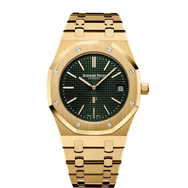 Audemars Piguet Royal Oak Extra Thin "THE HOUR GLASS" 39mm Watch - Ref: 15205BA.OO.1240BA.01 - Green Dial, 18K Yellow Gold Bracelet