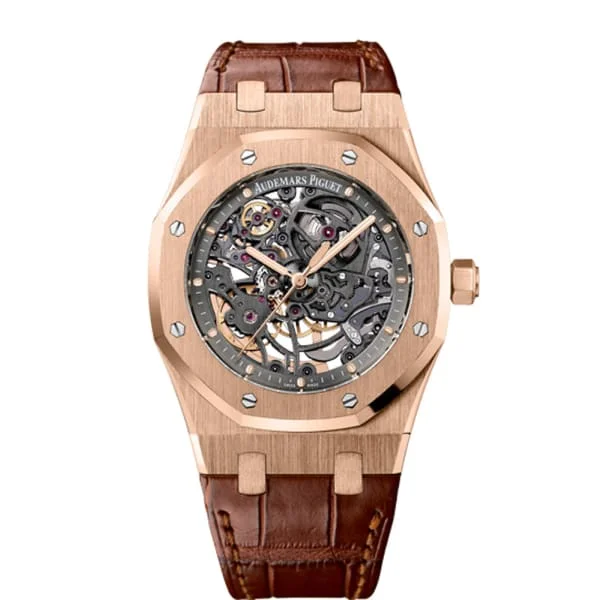 Audemars Piguet Royal Oak Openworked 39mm Watch - Ref: 15305OR.OO.D088CR.01 - Grey Dial in 18K Rose Gold Case, Brown Alligator Strap