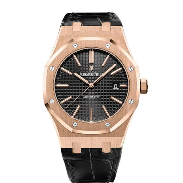 Audemars Piguet Royal Oak Selfwinding 41mm Men's Watch - Ref: 15400OR.OO.D002CR.01 - Black Dial in 18K Rose Gold Case, Brown Alligator Strap