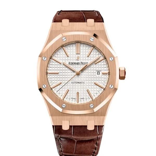 Audemars Piguet Royal Oak Selfwinding 41mm Men's Watch - Ref: 15400OR.OO.D088CR.01 - Silver Dial in 18K Rose Gold Case, Brown Alligator Strap