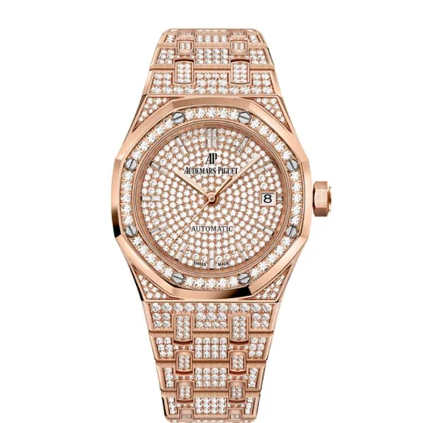 Audemars Piguet Royal Oak Selfwinding 37mm Watch - Ref: 15452OR.ZZ.1258OR.02 - Pave Diamond Dial, 18K Rose Gold Diamond Bracelet