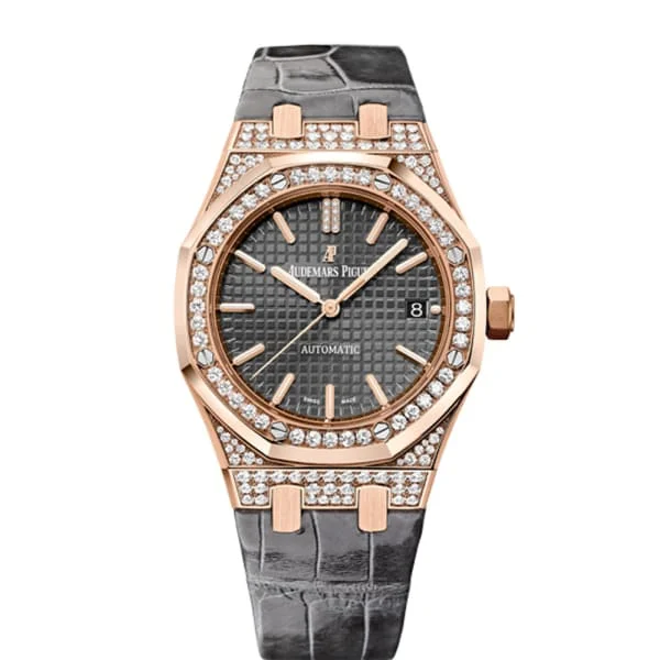 Audemars Piguet Royal Oak Selfwinding 37mm Watch - Ref: 15452OR.ZZ.D003CR.01 - Grey Dial in 18K Rose Gold Diamond Case, Grey Alligator Strap