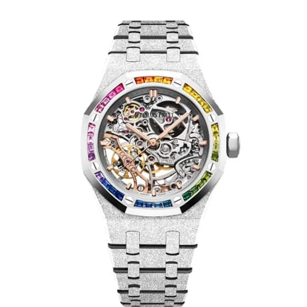 Audemars Piguet Royal Oak Openworked Double Balance Wheel 37mm Watch - Ref: 15468BC.YG.1259BC.01 - Skeletonised Dial & Rainbow Sapphire Bezel in 18K Frosted White Gold Bracelet