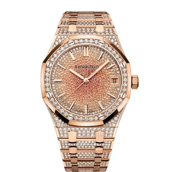 Audemars Piguet Royal Oak Selfwinding 41mm Men's Watch - Ref: 15502OR.ZZ.1222OR.01 - Pave Diamond & Orange Sapphires Dial in 18K Rose Gold Diamond Bracelet