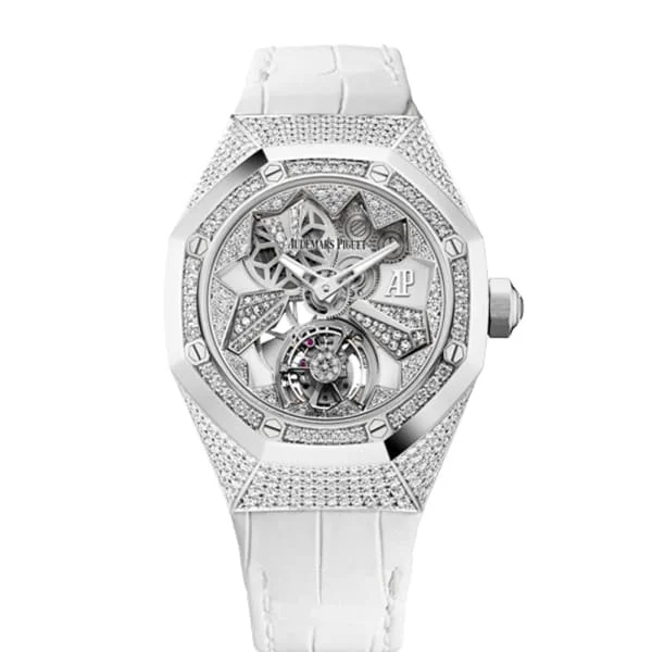 Audemars Piguet Royal Oak Concept Flying Tourbillon 38.5mm Watch - Ref: 26227BC.ZZ.D011CR.01 - Pave Diamond Dial & Diamond Bezel in 18K White Gold Diamond Case, White Alligator Strap