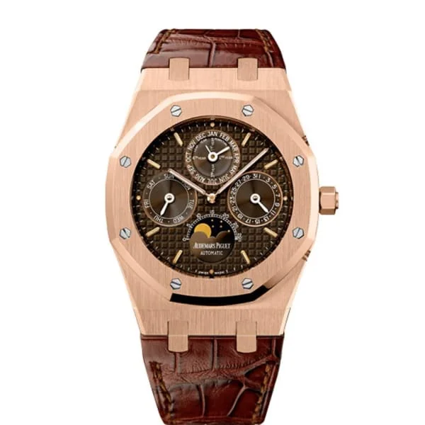 Audemars Piguet Royal Oak Perpetual Calendar 39mm Watch - Ref: 26252OR.OO.D092CR.01 - Brown Moonphase Dial in 18K Rose Gold Case, Brown Alligator Strap