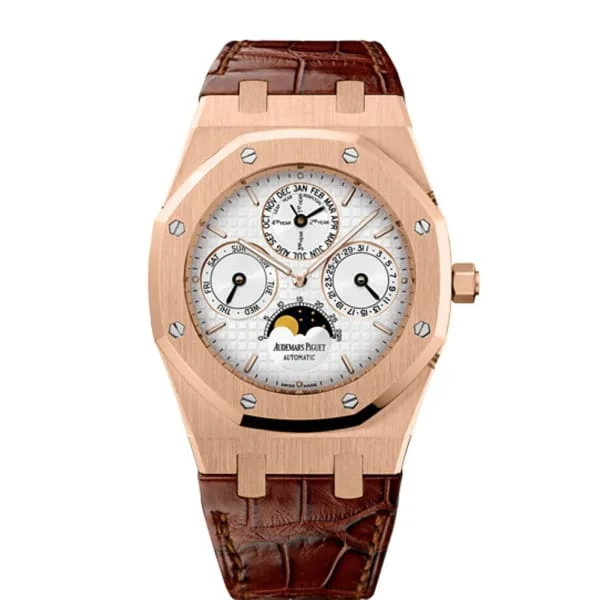 Audemars Piguet Royal Oak Perpetual Calendar 39mm Watch - Ref: 26252OR.OO.D092CR.02 - Silver Moonphase Dial in 18K Rose Gold Case, Brown Alligator Strap