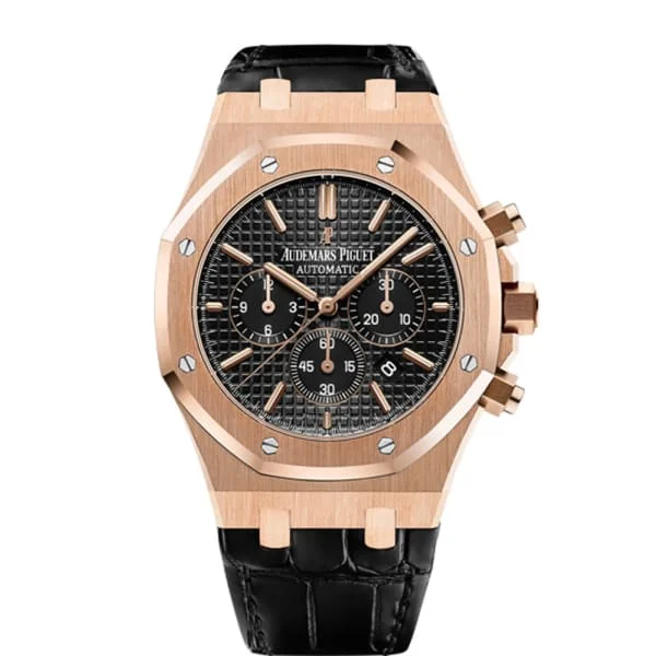 Audemars Piguet Royal Oak Chronograph 41mm Men's Watch - Ref: 26320OR.OO.D002CR.01 - Black Dial in 18K Rose Gold Case, Black Alligator Strap