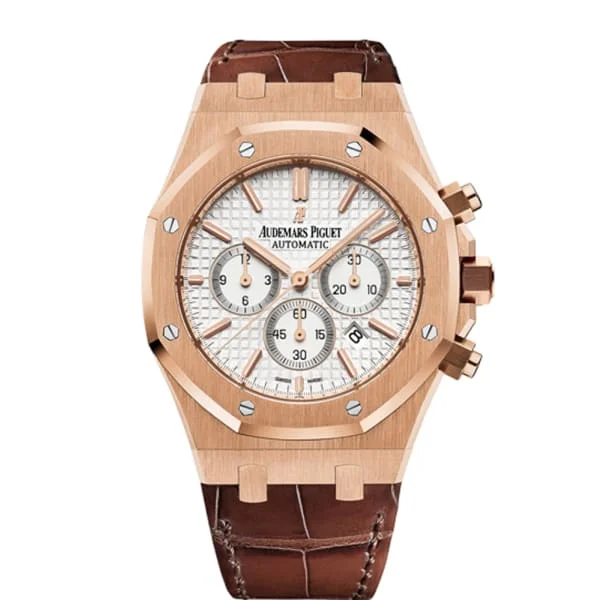 Audemars Piguet Royal Oak Chronograph 41mm Men's Watch - Ref: 26320OR.OO.D088CR.01 - Silver Dial in 18K Rose Gold Case, Brown Alligator Strap