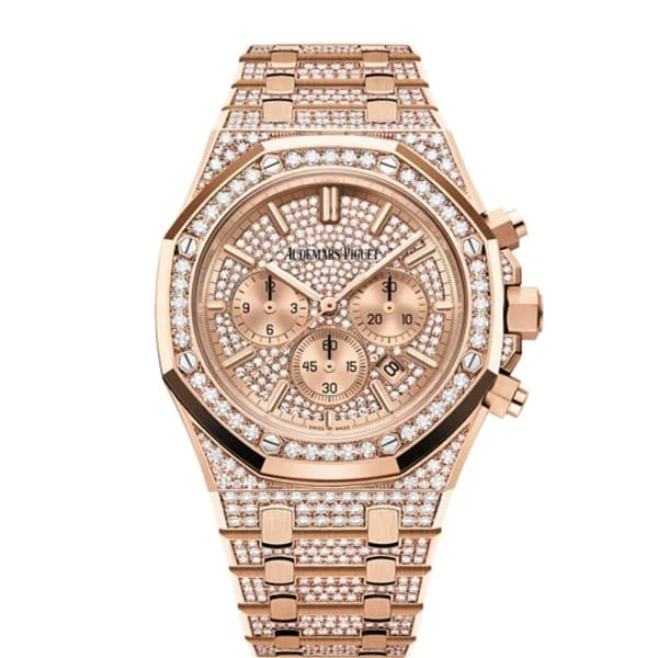 Audemars Piguet Royal Oak Chronograph 41mm Men's Watch - Ref: 26333OR.ZZ.1220OR.01 - Pave Diamond Dial, 18K Rose Gold Diamond Bracelet