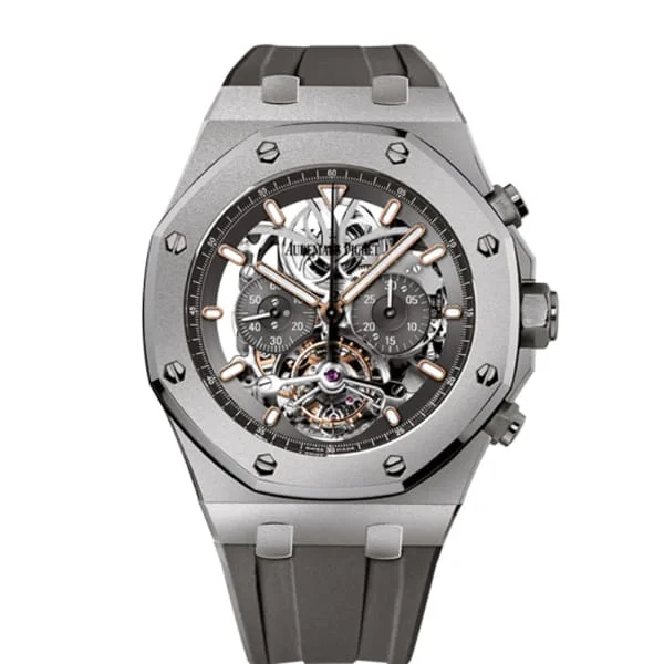 Audemars Piguet Royal Oak Tourbillon Chronograph 44mm Men's Watch - Ref: 26347TI.GG.D004CA.01 - Openworked Dial in Titanium Case, Black Rubber Strap