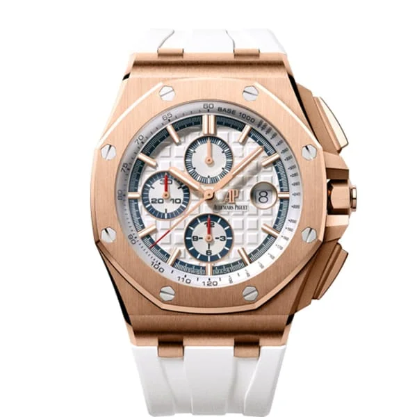 Audemars Piguet Royal Oak Offshore Chronograph "Summer Byblos Edition" 44mm Men's Watch - Ref: 26408OR.OO.A010CA.01.99 - White Dial in 18K Rose Gold Case, White Rubber Strap