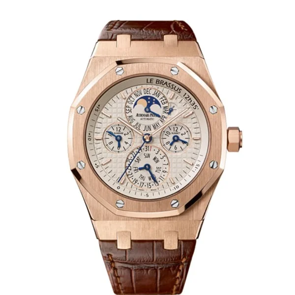 Audemars Piguet Royal Oak Equation of Time 42mm Men's Watch - Ref: 26603OR.OO.D092CR.01 - Silver Moonphase Dial in 18K Rose Gold Case, Brown Alligator Strap