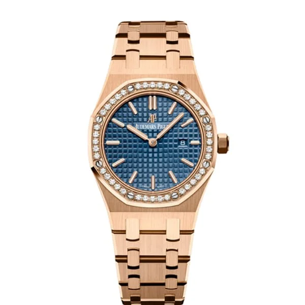 Audemars Piguet Royal Oak 33mm Ladies Watch - Ref: 67651OR.ZZ.1261OR.02 - Blue Dial & Diamond Bezel, 18K Rose Gold Bracelet