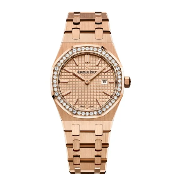 Audemars Piguet Royal Oak 33mm Ladies Watch - Ref: 67651OR.ZZ.1261OR.03 - Rose Gold Dial & Diamond Bezel, 18K Rose Gold Bracelet