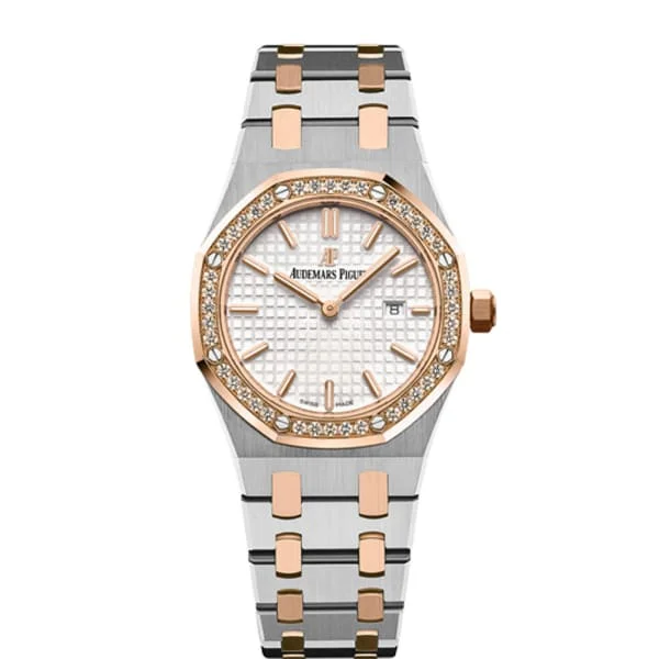 Audemars Piguet Royal Oak 33mm Ladies Watch - Ref: 67651SR.ZZ.1261SR.01 - Silver Dial & Diamond Bezel, Two Tone Stainless Steel & 18K Rose Gold Bracelet