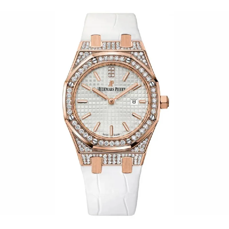 Audemars Piguet Royal Oak 33mm Ladies Watch - Ref: 67652OR.ZZ.D011CR.01 - Silver Diamond Dial & Diamond Bezel in 18K Rose Gold Diamond Case, White Alligator Strap