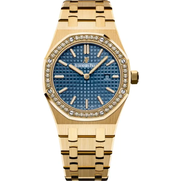 Audemars Piguet Royal Oak 33mm Ladies Watch - Ref: 67651BA.ZZ.1261BA.02 - Blue Dial & Diamond Bezel, 18K Yellow Gold Bracelet