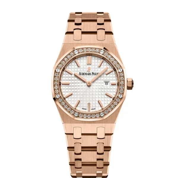 Audemars Piguet Royal Oak 33mm Ladies Watch - Ref: 67651OR.ZZ.1261OR.01 - Silver Dial & Diamond Bezel, 18K Rose Gold Bracelet