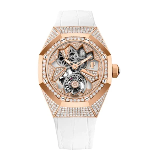 Audemars Piguet Royal Oak Concept Flying Tourbillon 38.5mm Watch - Ref: 26227OR.ZZ.D011CR.01 - Pave Diamond Dial & Diamond Bezel in 18K Rose Gold Diamond Case, White Alligator Strap