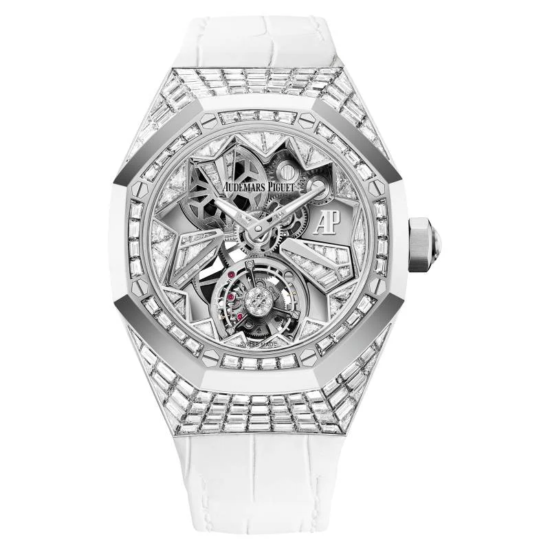 Audemars Piguet Royal Oak Concept Flying Tourbillon 38.5mm Watch - Ref: 26228BC.ZZ.D011CR.01 - Pave Diamond Dial & Diamond Bezel in 18K White Gold Diamond Case, White Alligator Strap