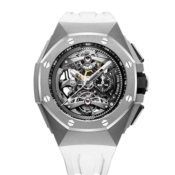 Audemars Piguet Royal Oak Concept Tourbillon Chronograph 44mm Men's Watch - Ref: 26587TI.OO.D010CA.01 - Openworked Dial in Titanium Case, White Rubber Strap