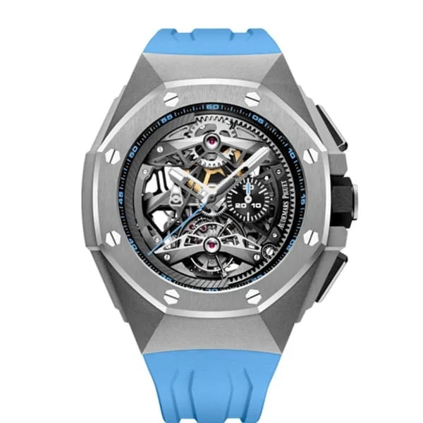 Audemars Piguet Royal Oak Concept Tourbillon Chronograph Openworked 44mm Men's Watch - Ref: 26587TI.OO.D031CA.01 - Openworked Dial in Titanium Case, Blue Rubber Strap