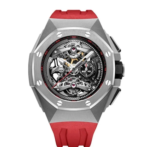 Audemars Piguet Royal Oak Concept Tourbillon Chronograph Openworked 44mm Men's Watch - Ref: 26587TI.OO.D067CA.01 - Openworked Dial in Titanium Case, Red Rubber Strap