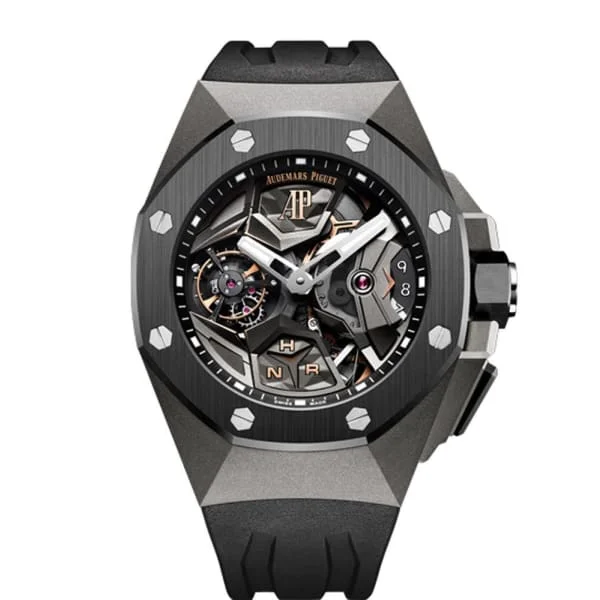 Audemars Piguet Royal Oak Concept Flying Tourbillon GMT 44mm Men's Watch - Ref: 26589IO.OO.D002CA.01 - Openworked Dial in Titanium Case, Black Rubber Strap