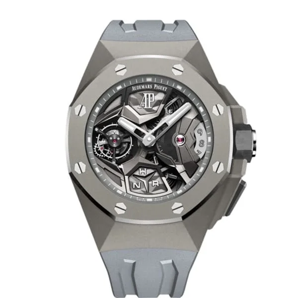 Audemars Piguet Royal Oak Concept Flying Tourbillon GMT 44mm Men's Watch - Ref: 26589TI.GG.D006CA.01 - Openworked Dial in Titanium Case, Grey Rubber Strap