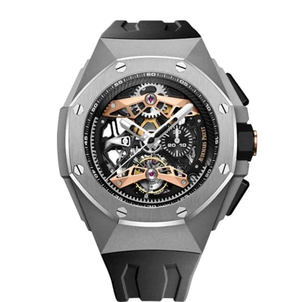 Audemars Piguet Royal Oak Concept Selfwinding Tourbillon Chronograph 44mm Men's Watch - Ref: 26612TI.OO.D002CA.01 - Openworked Dial in Titanium Case, Black Rubber Strap