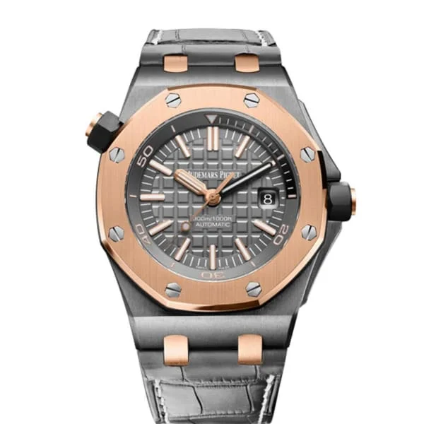 Audemars Piguet Royal Oak Offshore Diver Qe Ii Cup 42mm Men's Watch - Ref: 15709TR.OO.A005CR.01 - Slate Grey Dial & Rose Gold Bezel in Tantalum Case, Black Alligator Strap