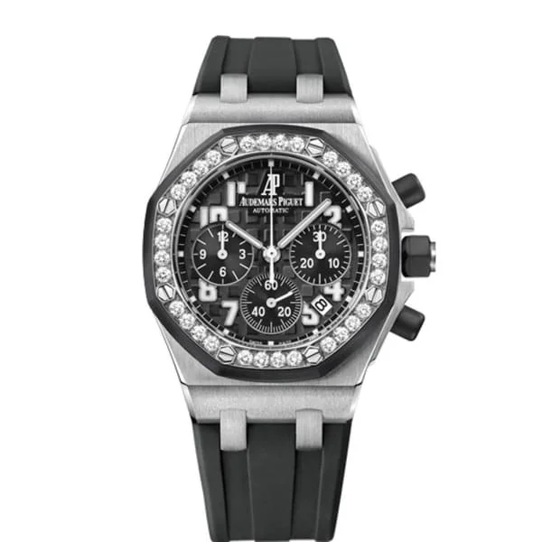 Audemars Piguet Royal Oak Offshore Chronograph 37mm Watch - Ref: 26048SK.ZZ.D002CA.01 - Black Dial & Diamond Bezel in Stainless Steel Case, Black Rubber Strap