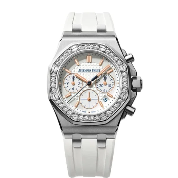 Audemars Piguet Royal Oak Offshore Chronograph Summer Edition 37mm Watch - Ref: 26144ST.ZZ.D010CA.01 - Silver Dial & Diamond Bezel in Stainless Steel Case, White Rubber Strap