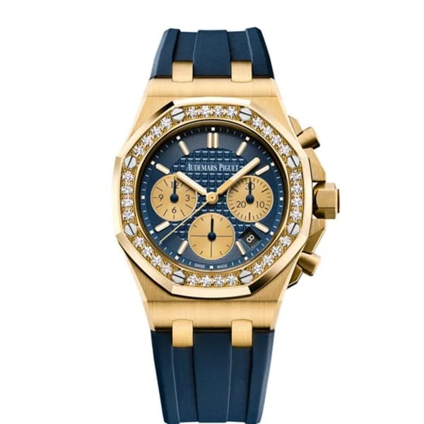 Audemars Piguet Royal Oak Offshore Selfwinding Chronograph 37mm Watch - Ref: 26231BA.ZZ.D027CA.01 - Blue Dial & Diamond Bezel in 18K Yellow Gold Case, Blue Rubber Strap